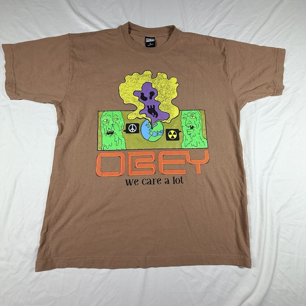 OBEY We Care A Lot Graphic Men's Brown M T-Shirt Short Sleeve Crew Neck Cotton